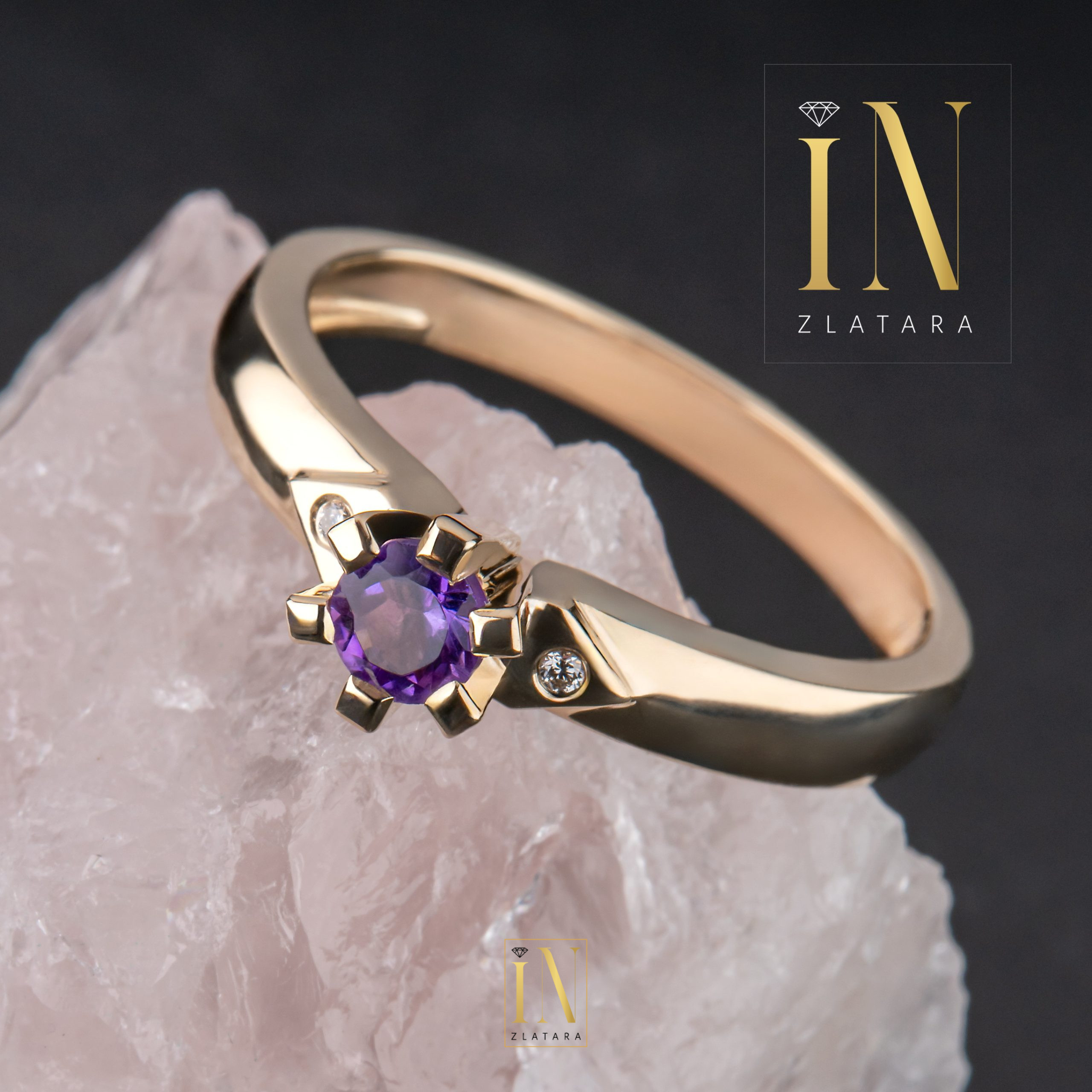 Verenički prsten od žutog zlata sa ametistom i brilijantima