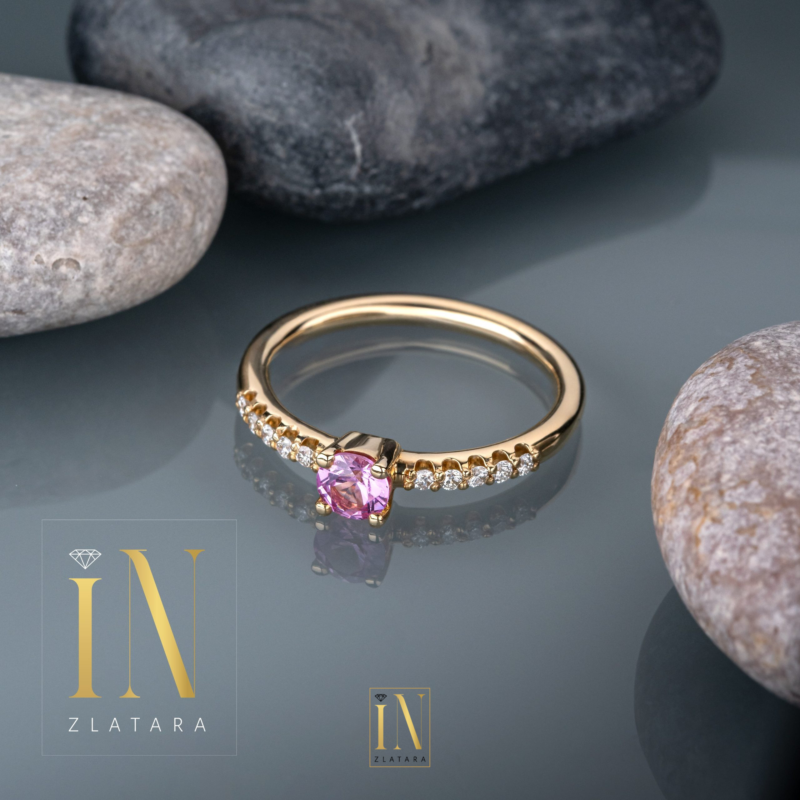 Prsten od žutog zlata sa roze safirom i brilijantima - Slika 2